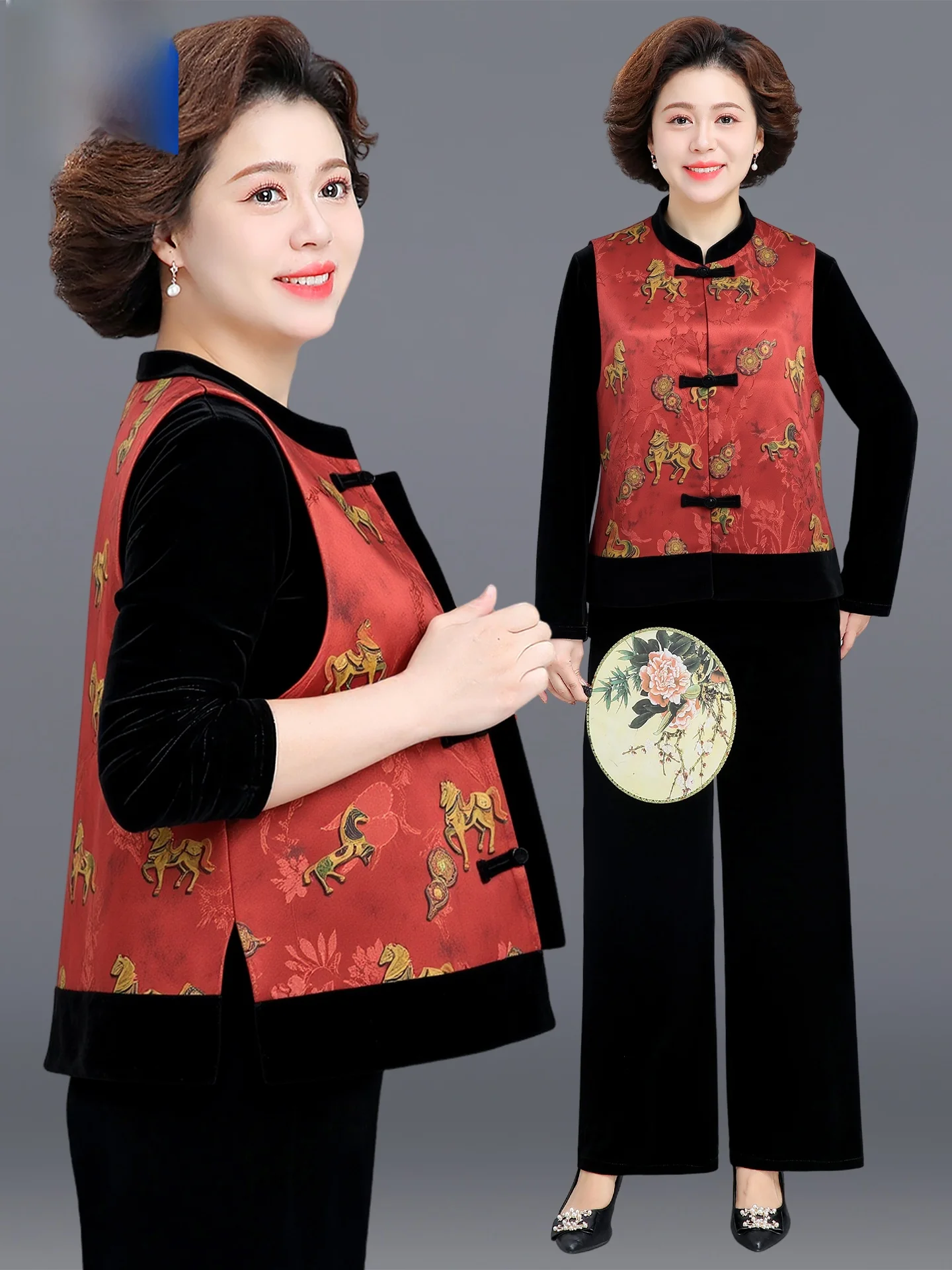

Lormen Faionable Mom Velvet Set round Ne Svel Vest Mid-Aged Women Spring Clothing Tee-Piece Set Light Weight Card...