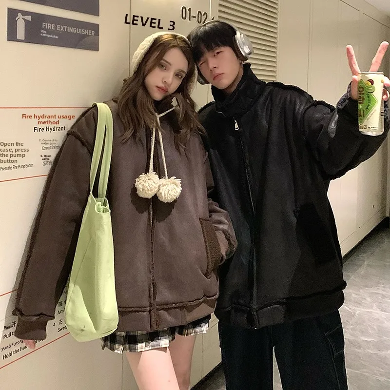 

Lamb Velvet Men's Cotton Jaet Thiened Winter Coat Leather Fur Inteated Deer Skin Velvet Outerwear Casual Youth Faion