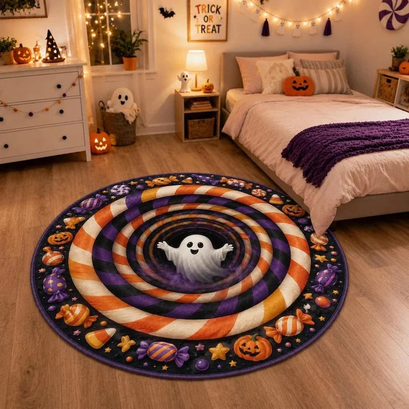 Halloween Home Decor Round Carpet Non Slip Floor Rug Pumpkin Jack O Lantern Maple Leaf Pattern Indoor Party