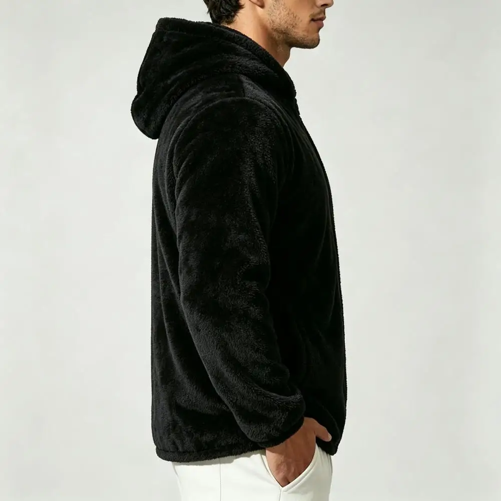 Functional Pocket Fleece Jacket Men's Hooded Fleece Coat Windproof Winter Jacket with Elastic Cuffs Front Pockets for Outdoor