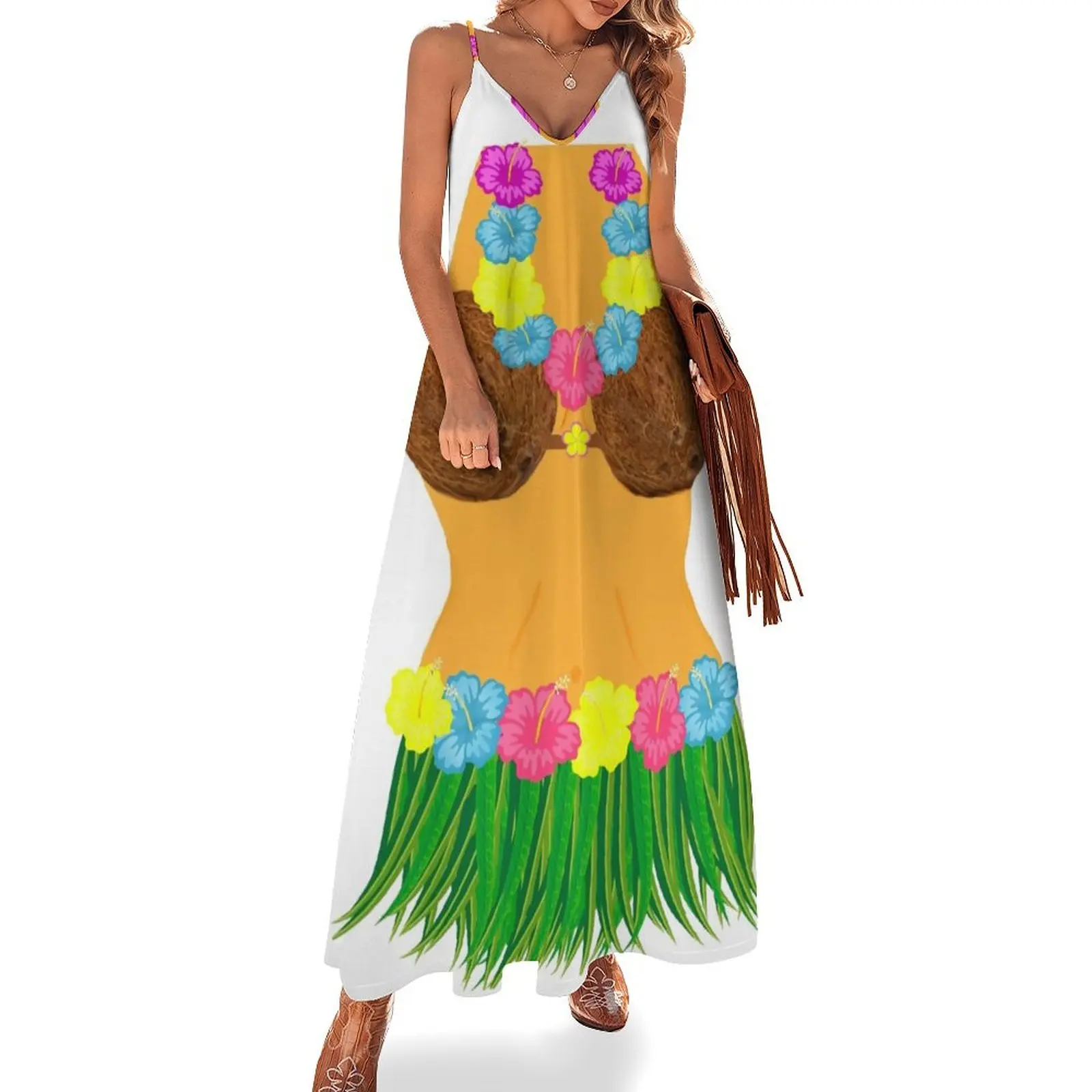 Full Body Hula Dancer Shirt With Lei Flowers Grass Skirt Coconut Bra Sleeveless Long Dress Women's clothing Dress