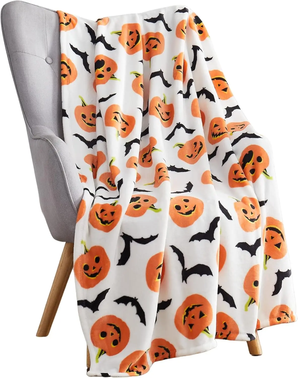 Serafina Home Throw Manta de Halloween: Fuzzy Happy Jack O'Lantern Calabazas y estampado de murciélago negro en forro polar de terciopelo para sofá cama Cou
