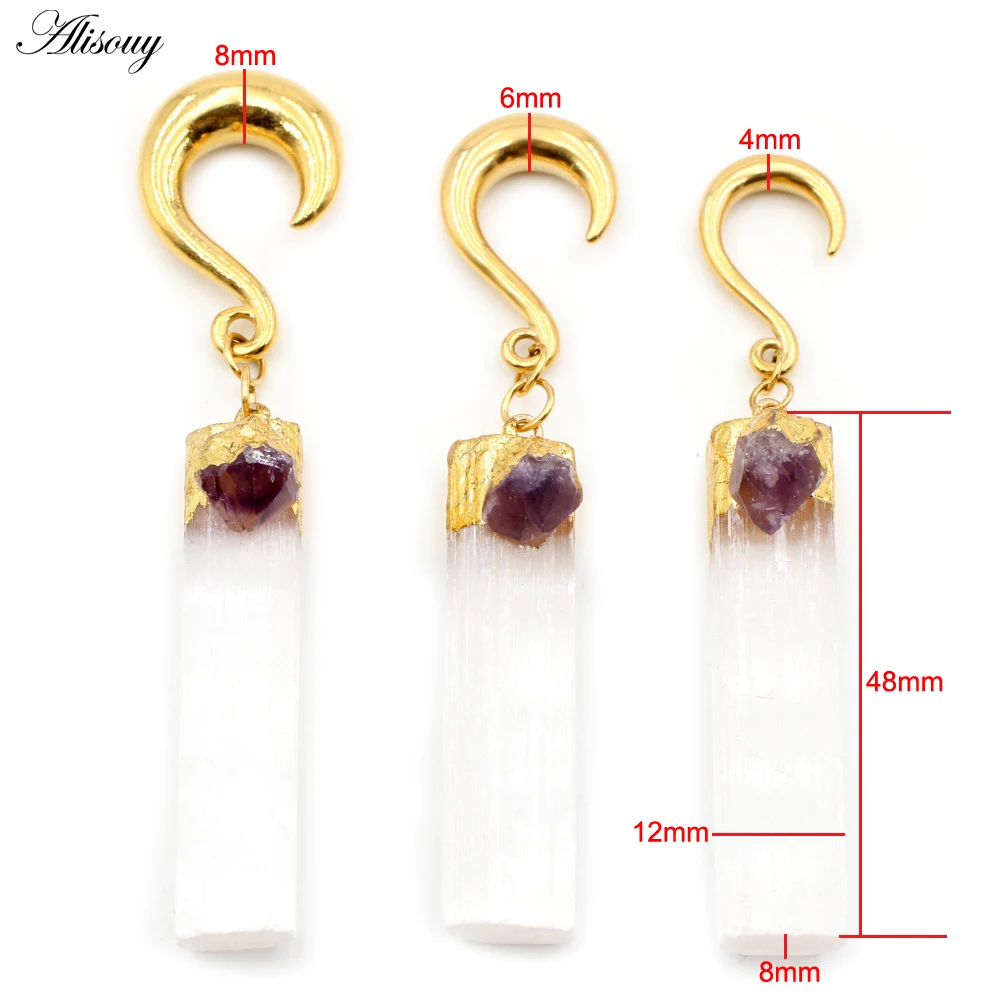 Alisouy 1pc Stainless Steel Wide Ear Weight Hook Natural Stone Dangle Ear Plug Tunnels Expander Stretchers Piercing Body Jewelry