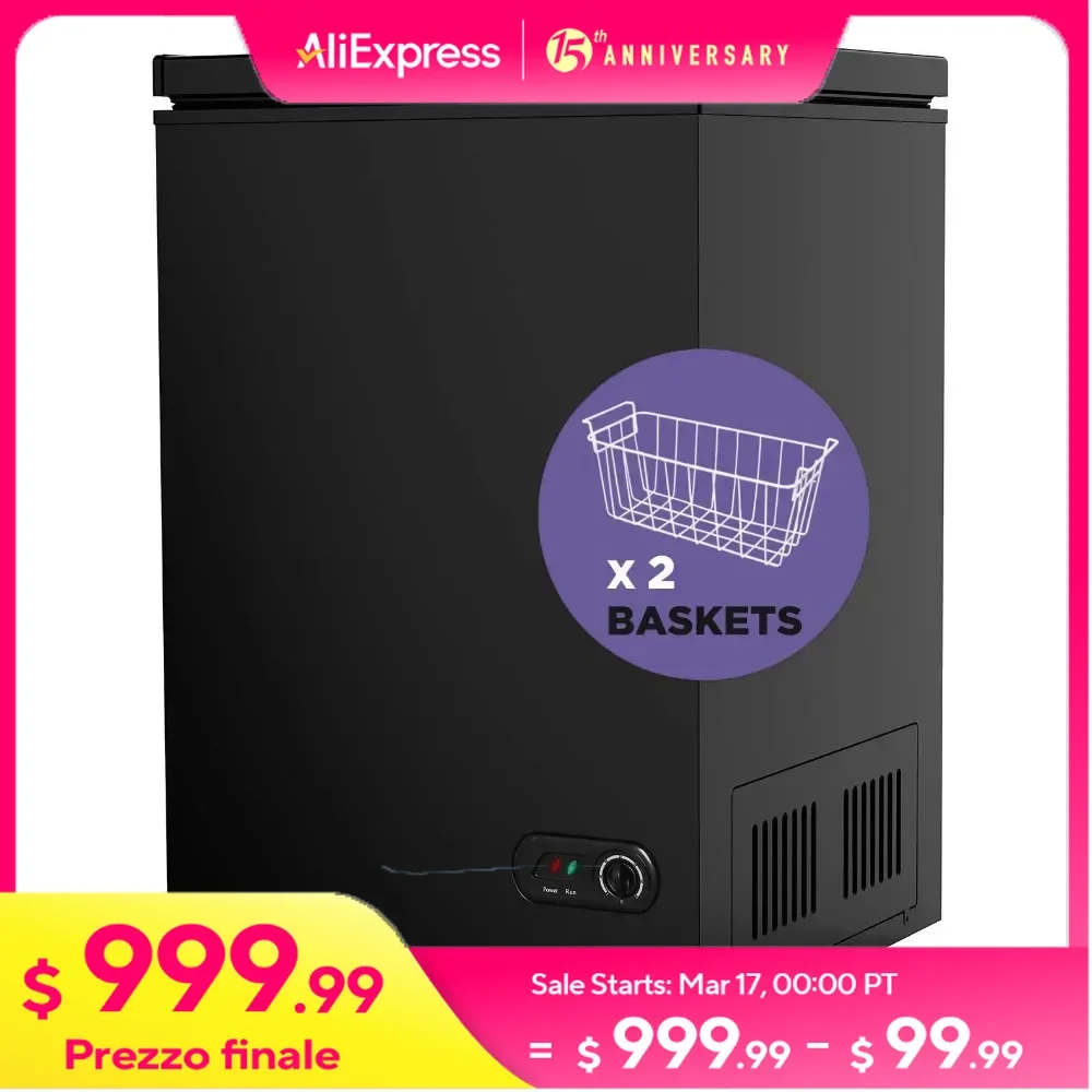 3.5 Cu Ft Chest Freezer 2 Removable Baskets  Quiet Compact Freezer 7 Temperature Settings - Black