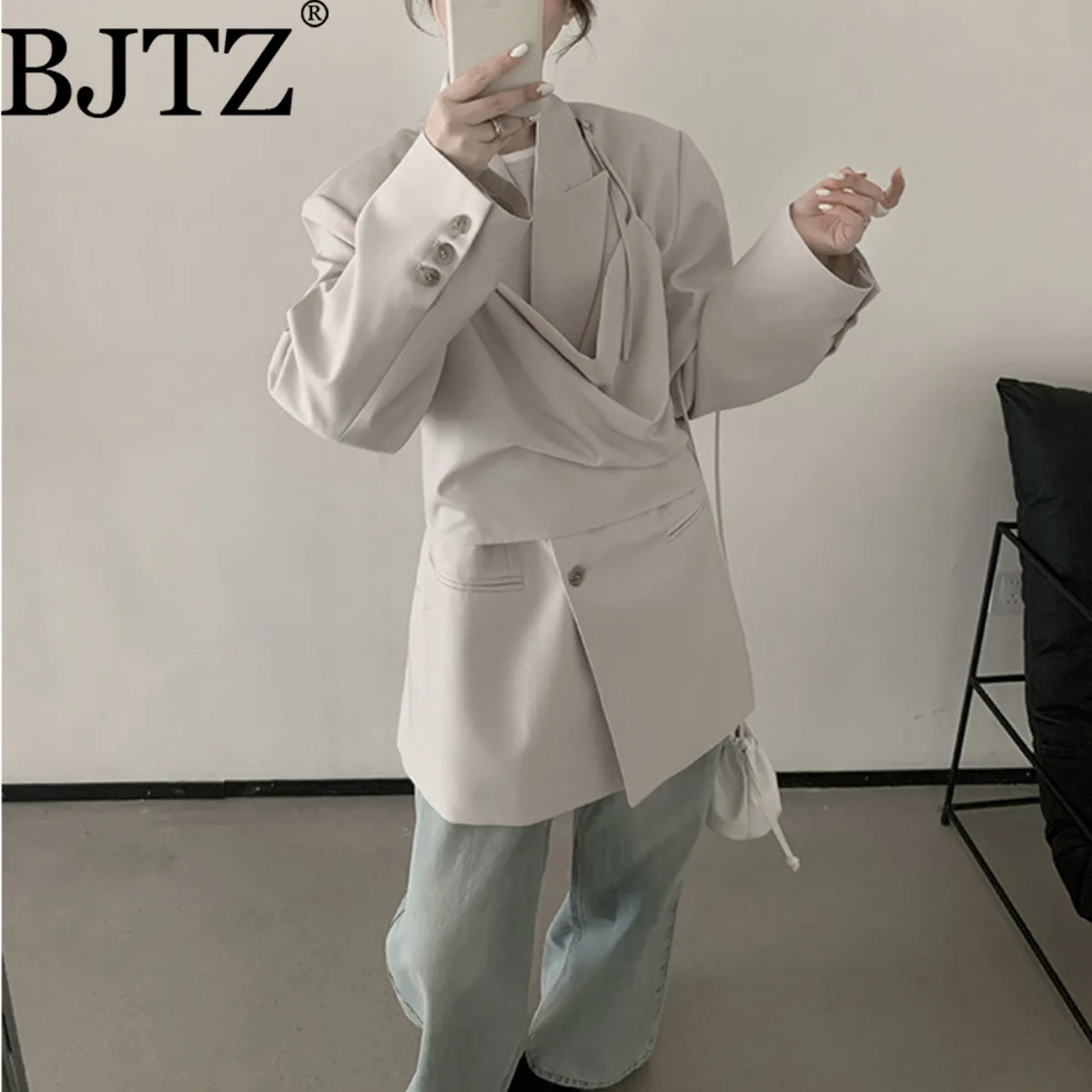 

BJTZ 2026 Весенне-осенний женский комплект из 2 предметов: тонкий блейзер и топ-камизоль с шарфом – элегантный повседневный офисный наряд