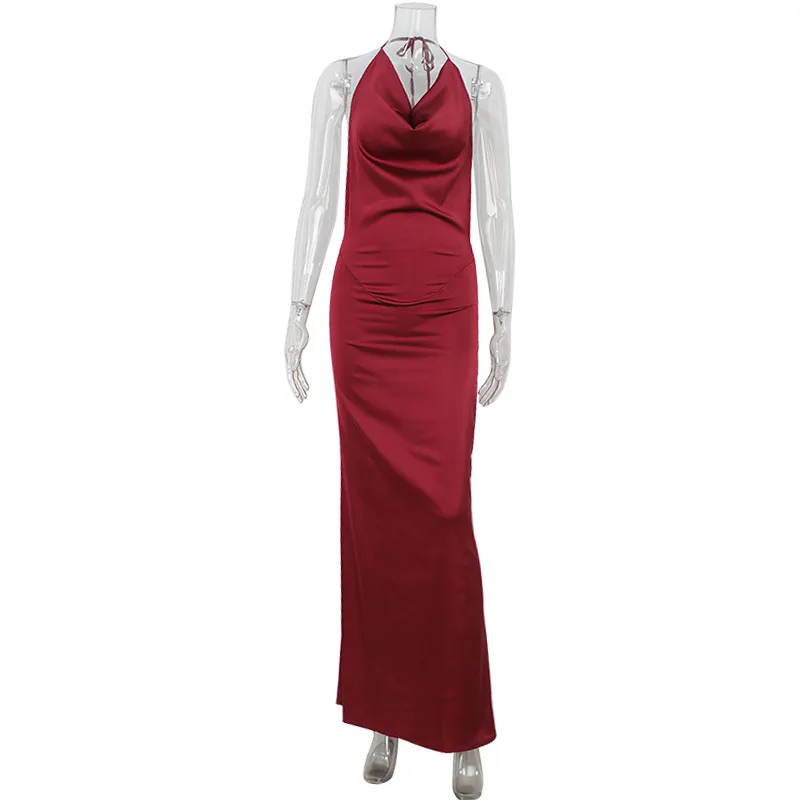 Low-cut Neck Swing Collar Sexy Halter Burgundy Slim Temperament Satin Dress 2026 Fashion Street Trend Spring New Product