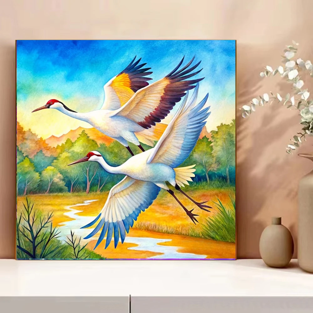 Two Red Crowned Cranes Flying Oil Painting By Numbers Canvas Art Wall Decor for Living Room Handmade Gift Unframed