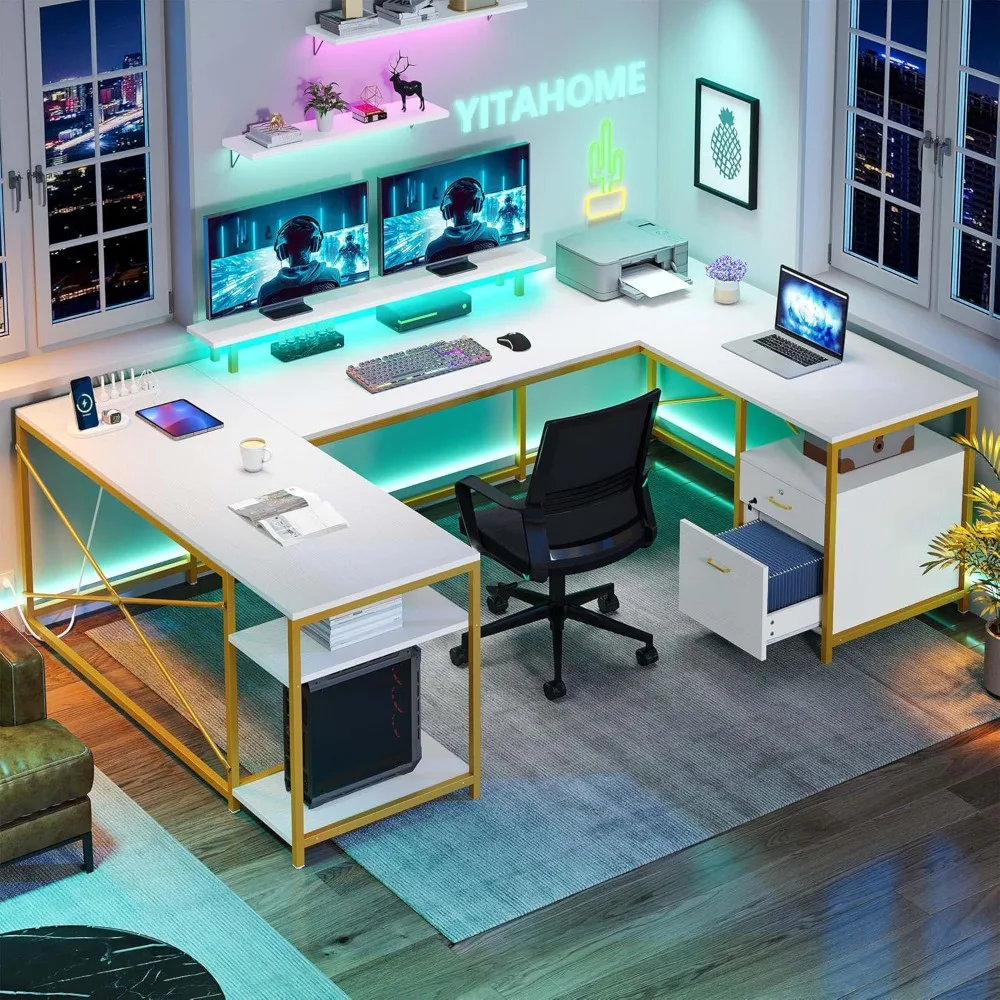 

79" U-Shaped Desk with Power Outlets & LED Lights: Reversible L-Shaped Corner Office Desk with Drawers