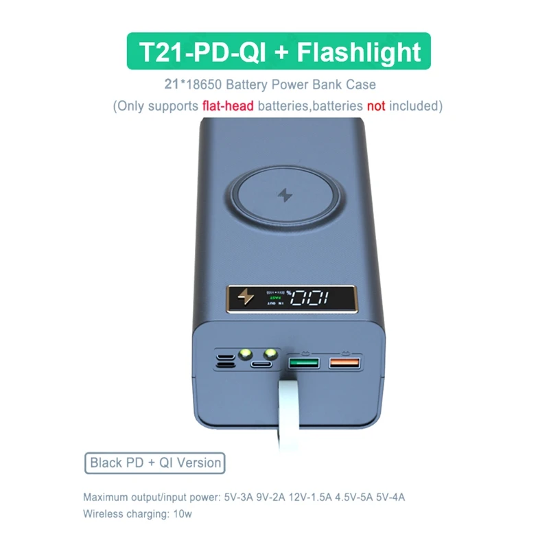 21X18650 Battery Storage Box LED Light PD Quick QC3.0 Charge 18650 Battery Power Bank Case Shell 15W Wireless Charging A-A46I