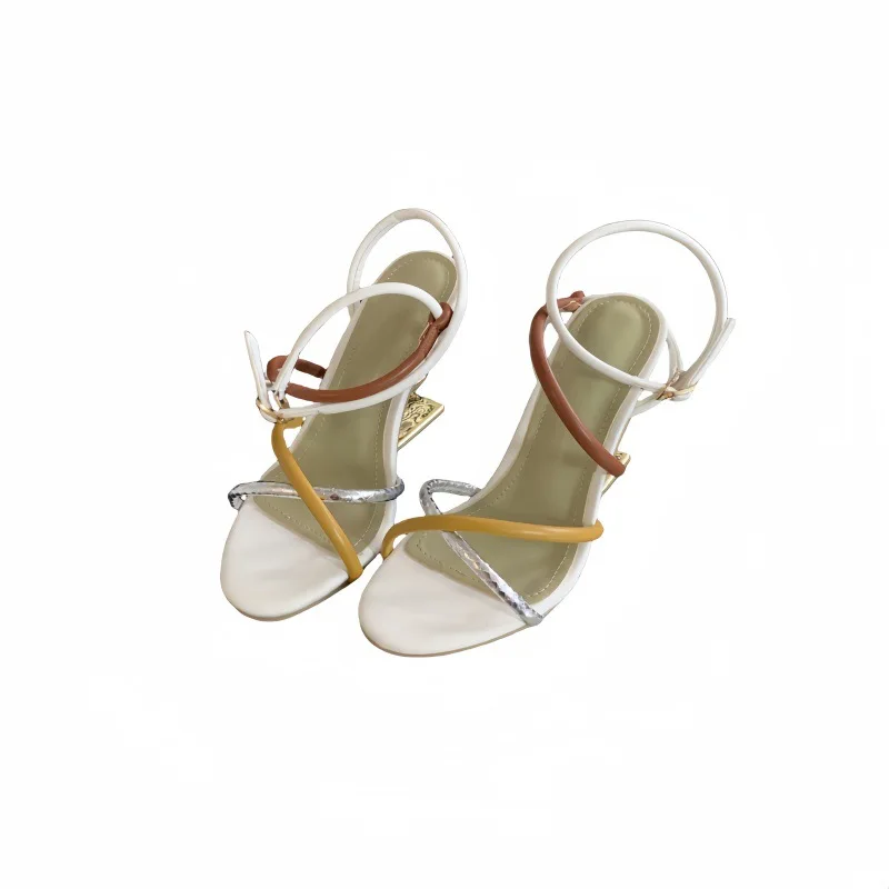 Open Toe Special Shaped Heel Women Sandals Colorful Cross Strap Design High Heels Pumps Elegant Ankle Strap Party Dress Shoes