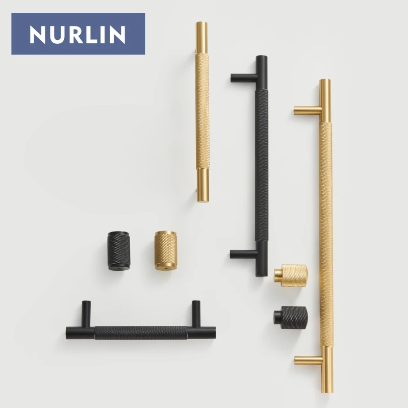 Nurlin Brass  Diamond-cut Cross Knurl Pattern Gold Black Cabinet Handles Wardrobe Pull T-bar Knobs 500mm Long Available Kitchen
