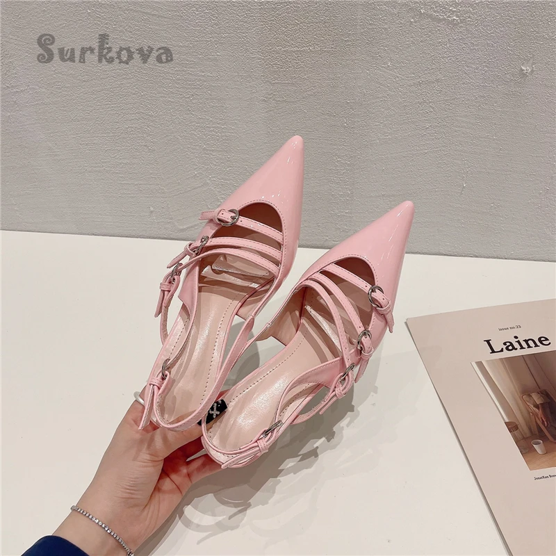 French Patent Leather Pumps Women's Pointed Toe Metal Buckle Belt Sandals 2023 Summer Thin High Heels Solid Color Women's Shoes