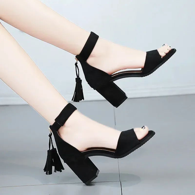 Thick Heel Sandals Women Summer Wild Large Size High Heel Mid-heel Buckle Sandals Open Toe Flock Pumps Black Shoes 2024