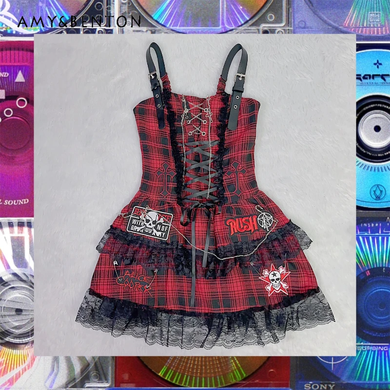 

Gothic Punk New Plaid Women's Clothing European American Chain Strap Embroidered Splicing Lace Hollow Out Sling Dresses Ladies