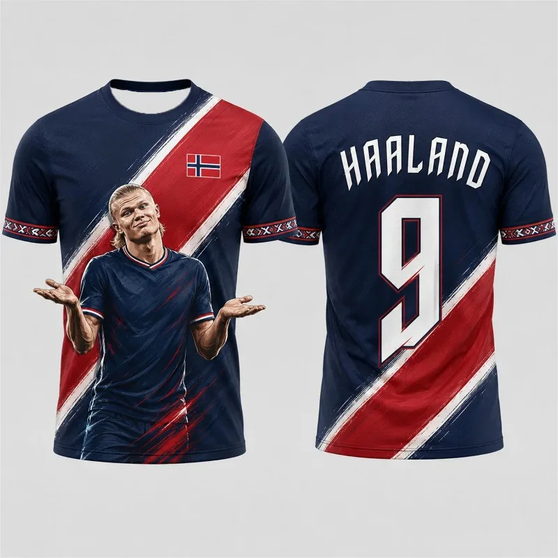 Maillot de football unisexe Haaland avec impression 3D du drapeau nordique pour l'été 2026 # T-shirt de sport décontracté à manches courtes avec motif portrait 9 Portrait Graphic Match Day