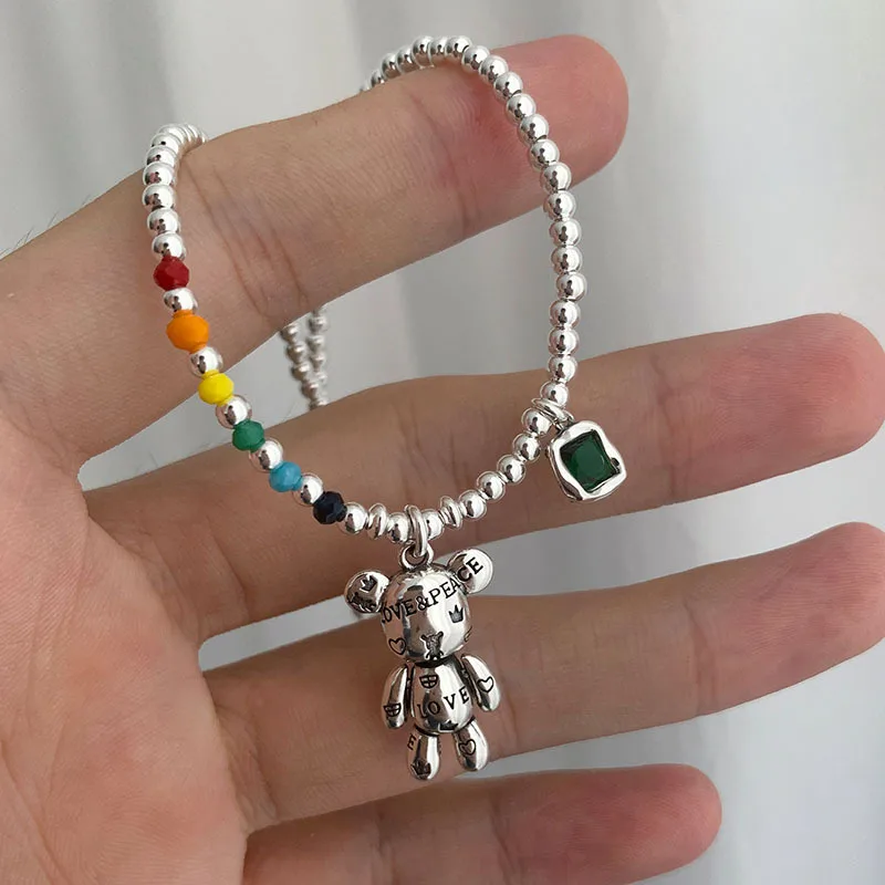 Silver Color Necklace Charm Bracelet Jewelry Colorful Round Beads Design Cute Bear Zircon Pendant Party Jewelry sl208 image 3