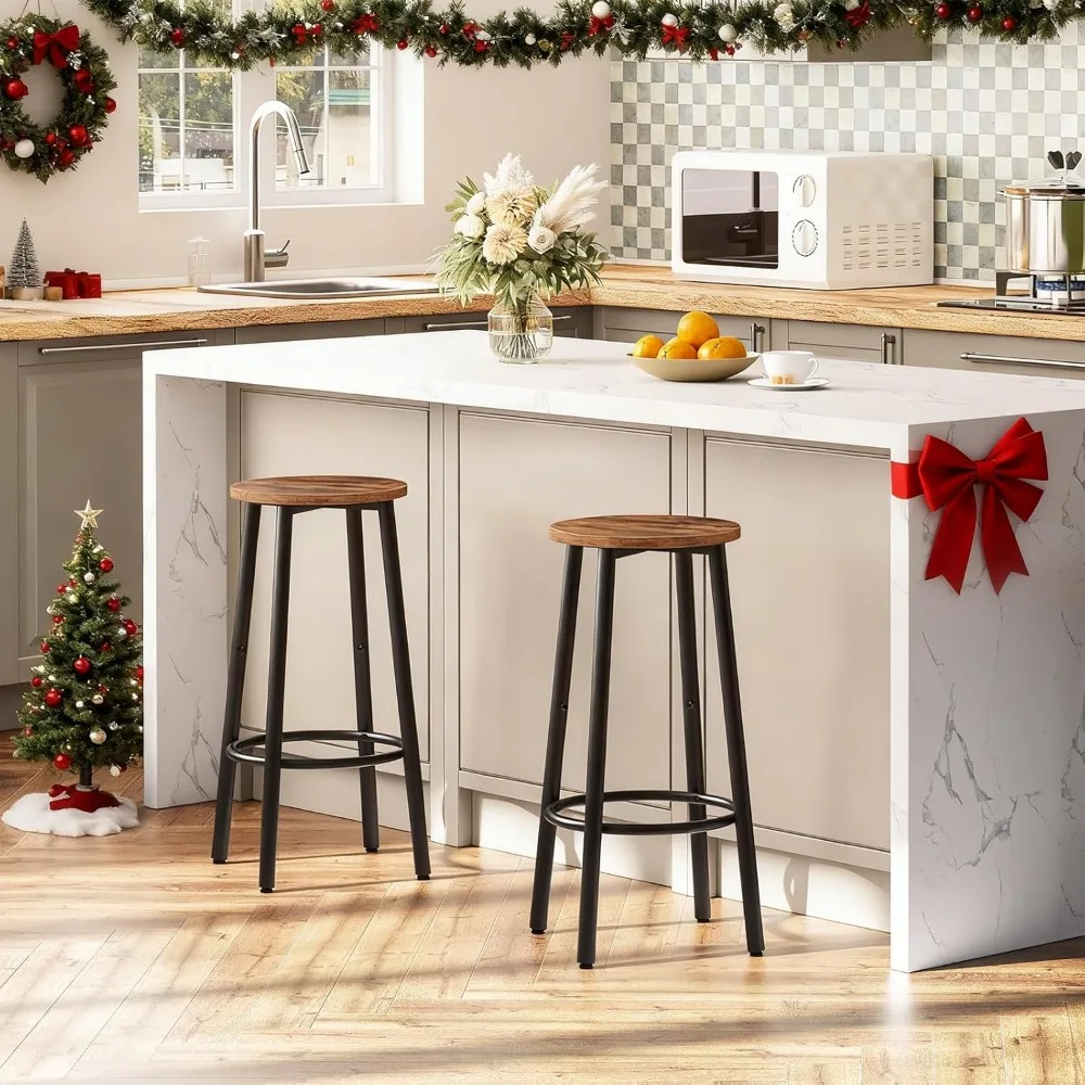 Juego de 2 taburetes de bar color marrón rústico con reposapiés, estructura de acero resistente para cocina y comedor, fácil montaje