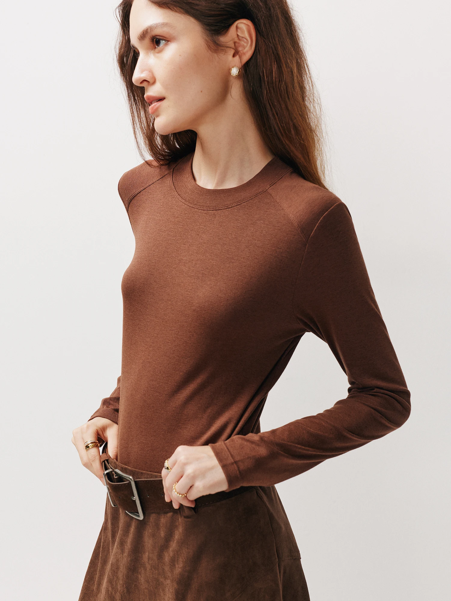 Modal Wool Blend Base Layer Shirt round Neck Long Sleeve Slimming T-Shirt Casual Style Women's Top Skin-friendly Breathable