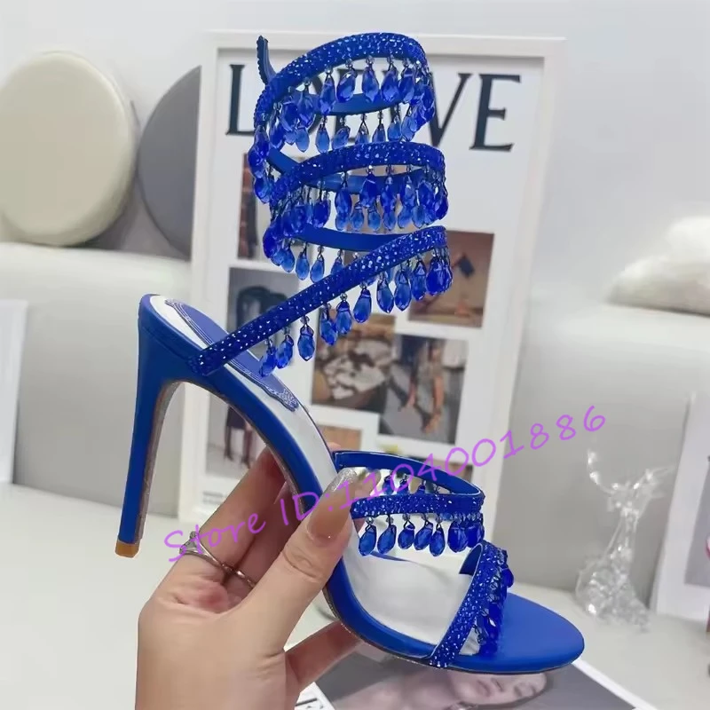Rhinestone Snake Shape Ankle Strappy Sandals Summer Sexy Open Toe High Heels Crystal Pendant Stiletto Party Wedding Women Shoes