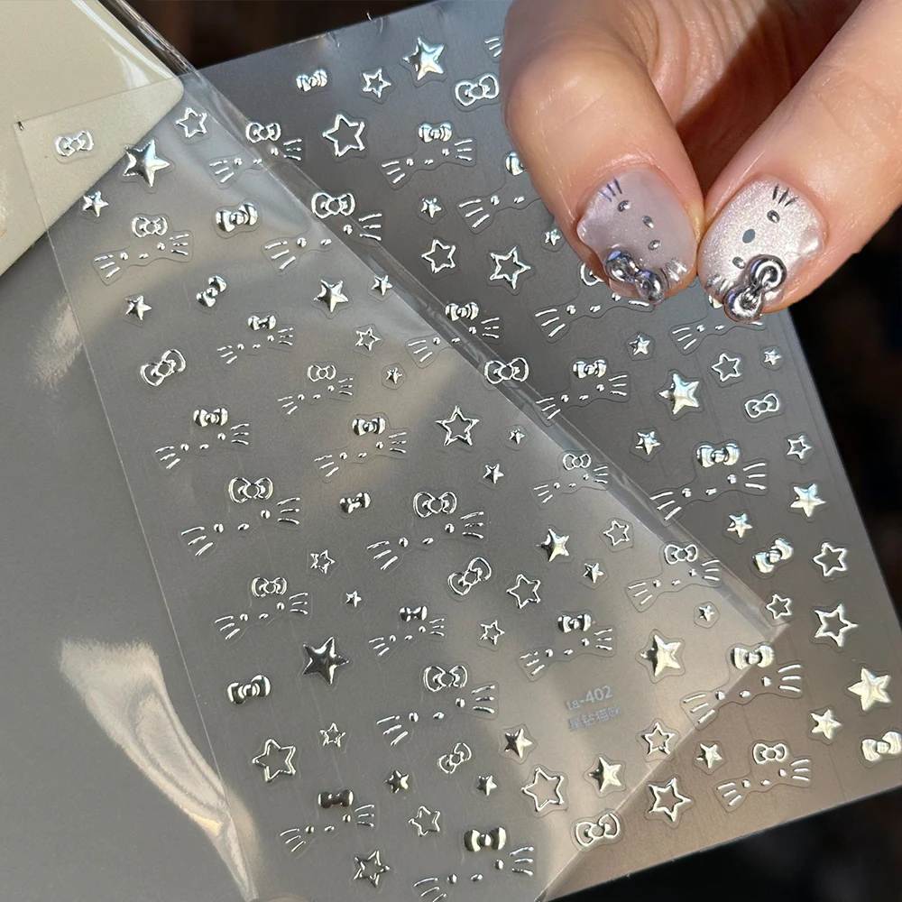 5D لامع الفضة لطيف مرحبا كيتي مسمار ملصقات Y2K كيتي القط الوجه الانحناء ستار Kawaii مسمار الشارات ذاتية اللصق مانيكير اكسسوارات #1
