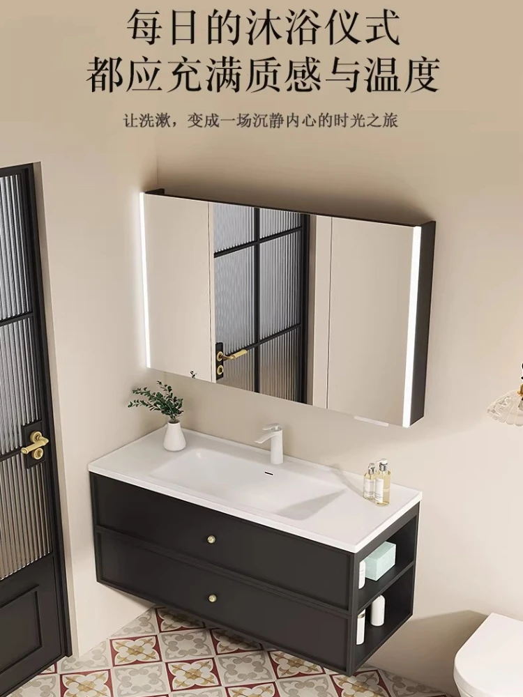 

Французский ретро-шкаф для ванной комнаты с керамической интегрированной раковиной, боковым хранилищем и комбинированной тумбой-умывальником