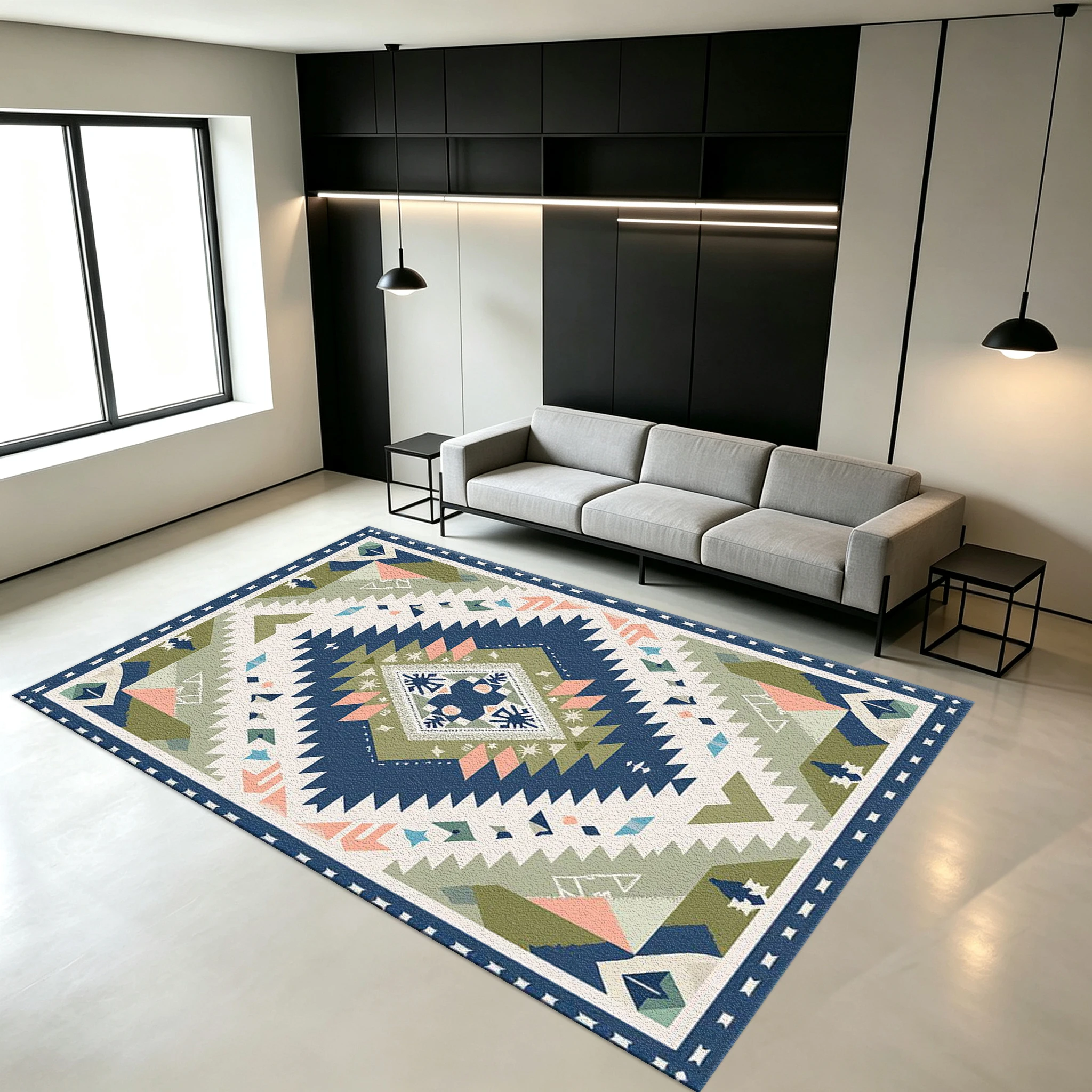 Green Blue Pink Bohemian Geometric Pattern Ethnic Carpet Floor Non-Slip Mat