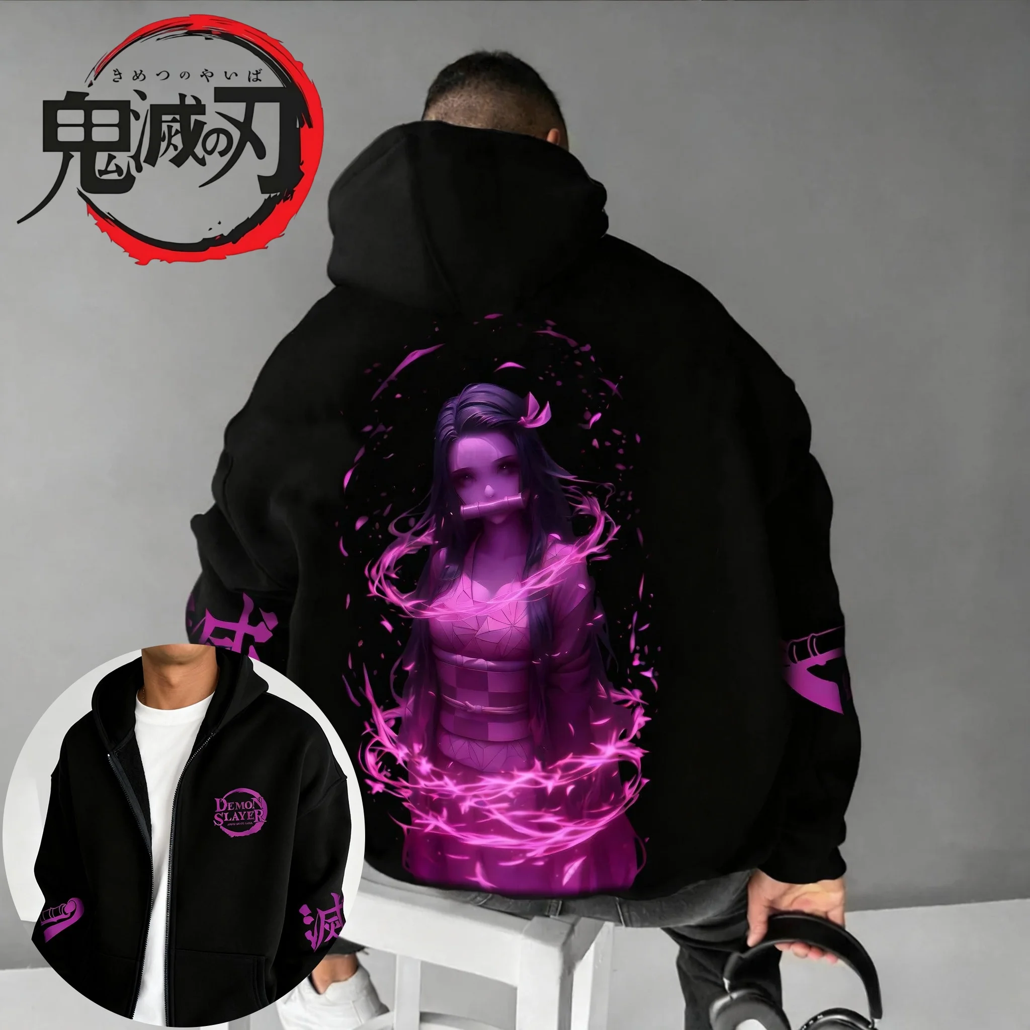 Demon Slayer-Sudadera con capucha con estampado de Anime Nezuko para hombre, suéter informal holgado y versátil de Hip-hop, Top Y2k, 2025