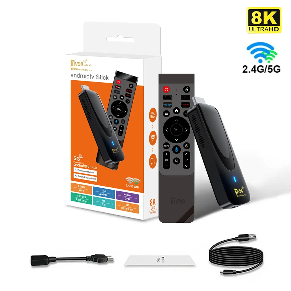 TV Stick Ultra HD 8K 4K Android TV98 PK MX10-F3 Home TV Stick H313 Quad Core Compatible con Wifi Dual de 2.4/5G, 2GB de RAM, 16GB de ROM, IPTV