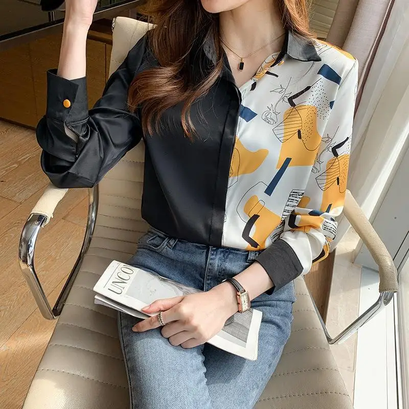 Ladies Spring Summer Fashion Simplicity Button Printing Color Blocking Polo Collar Women Shirts Office Lady Trend Long Sleeve To