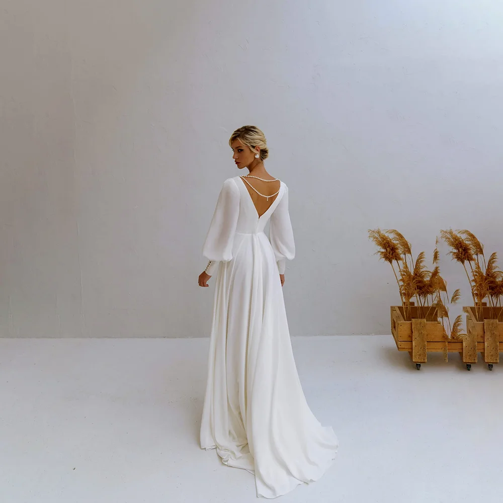 Satin Wedding Dress Puff Long Sleeve Deep V Neck Open Back Pearl Chain Sweep Train A Line Bridal Gown Custom Vestido De Novia