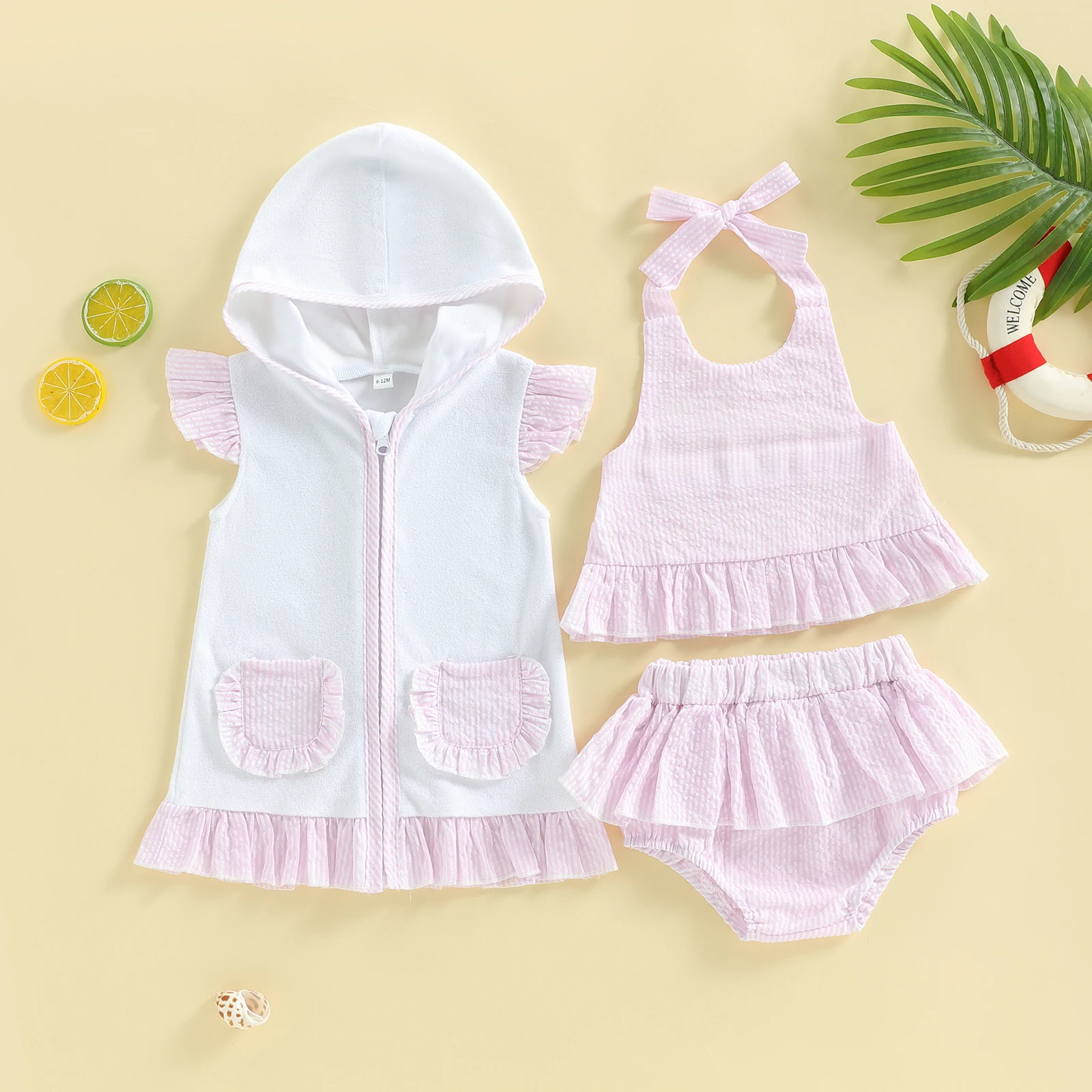 Lovely Toddler Baby Girls Three Piece Swimsuit Sleeveless Halter Top Bikini Bottom Cover-up Set Bathing Suits