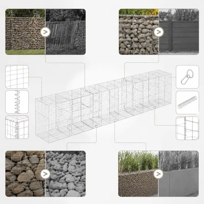 Caisse en gabion en fer galvanisé 800x100x150cm, barrière de jardin extérieure durable + excellent rapport qualité-prix