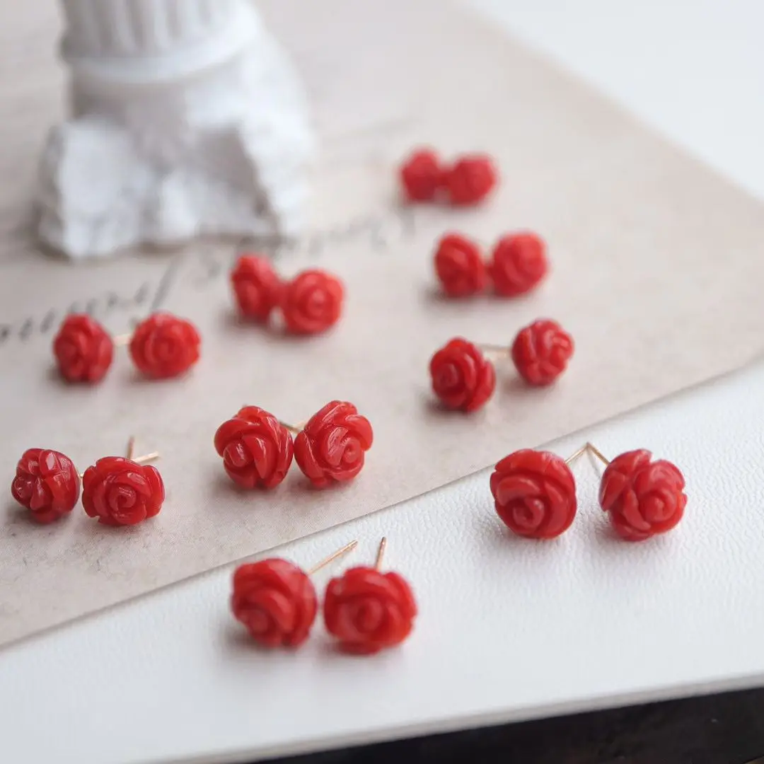 

Certificated 18K Real Gold Precious Coral Earring Craved Rose Untreated Italian Red Coral Ear Stud Organic Gems Engraved Jewelry