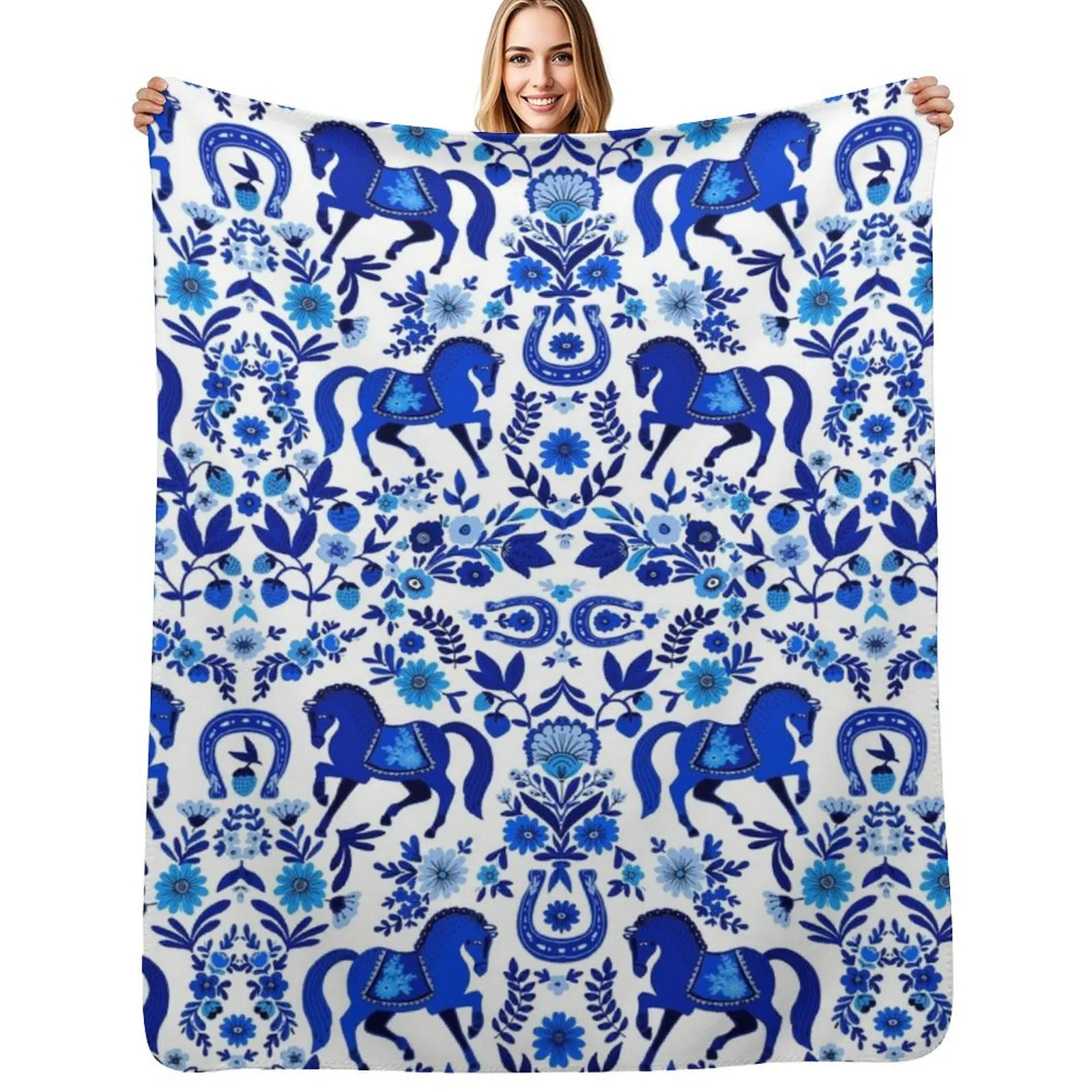 

RETRO BLUE HORSE PATTERN Throw Blanket Cute Plaid Hairys Blankets