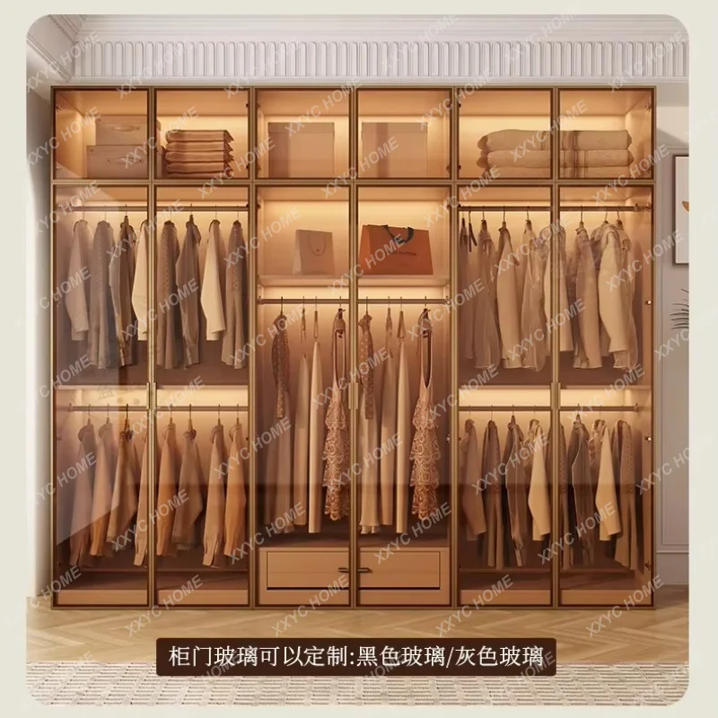 XXLight Luxury Glass Door Wardrobe Home Bedroom Double Cloakroom Combination Large Wardrobes  Closet Cabinet Furniture