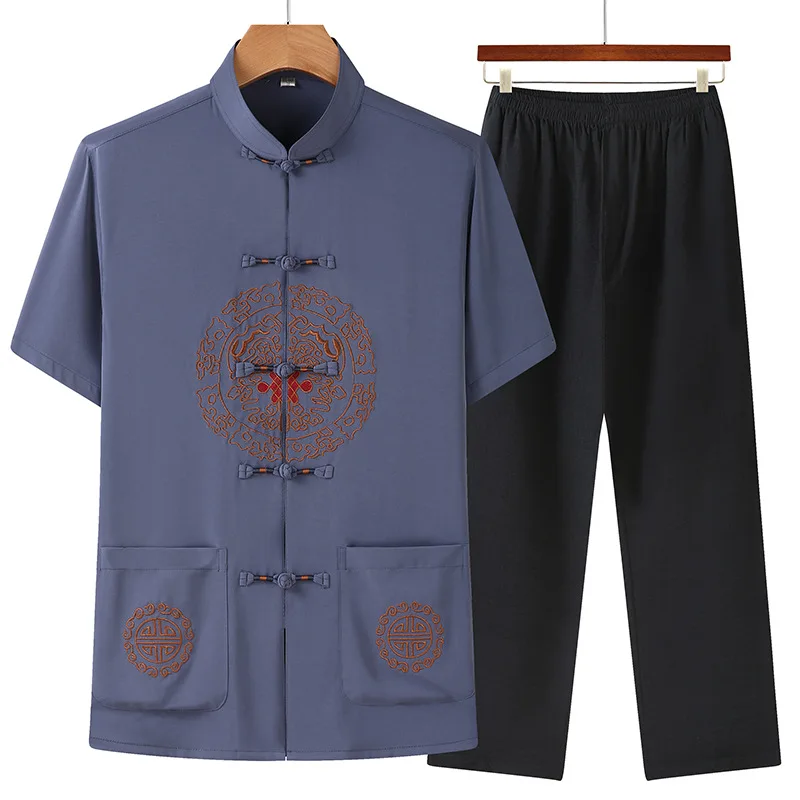 Vintage Embroidered Chinese Tang Suit Hanfu Men Classic Stand Collar Hand Button Kung Fu Suit Plus Size Cotton Linen Loungewear