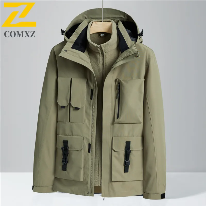 

COMXZ Rider Jacket 3-in-1 Multi Pocket Warm Wear Resistant Outdoor Climbing Cycling Men Windbreaker 2025 Outdoor Adventure Coat