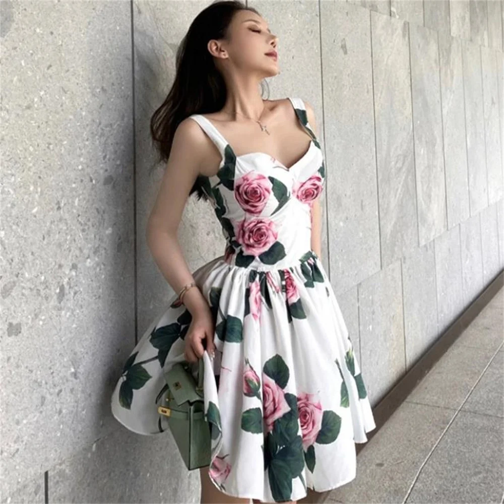 

Rose Print Dress Women 2023 Summer New Thin Sling Dress swing fashion casual