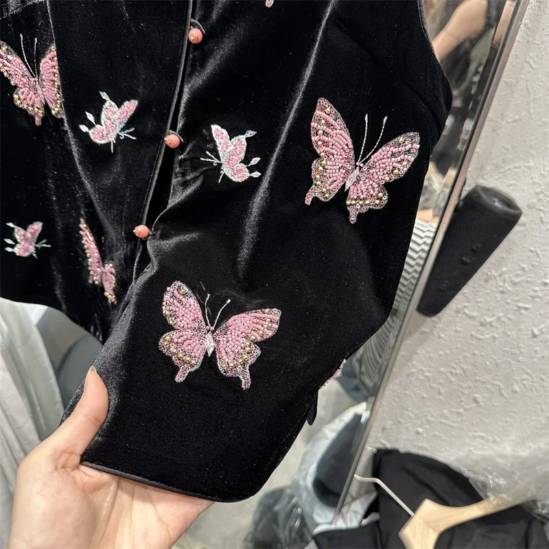 Velvet Vest Jacket Women\'s Luxury Beaded Butterfly Embroidered Sleeveless Single Breasted WaistCoat 2024 Autumn New Vintage