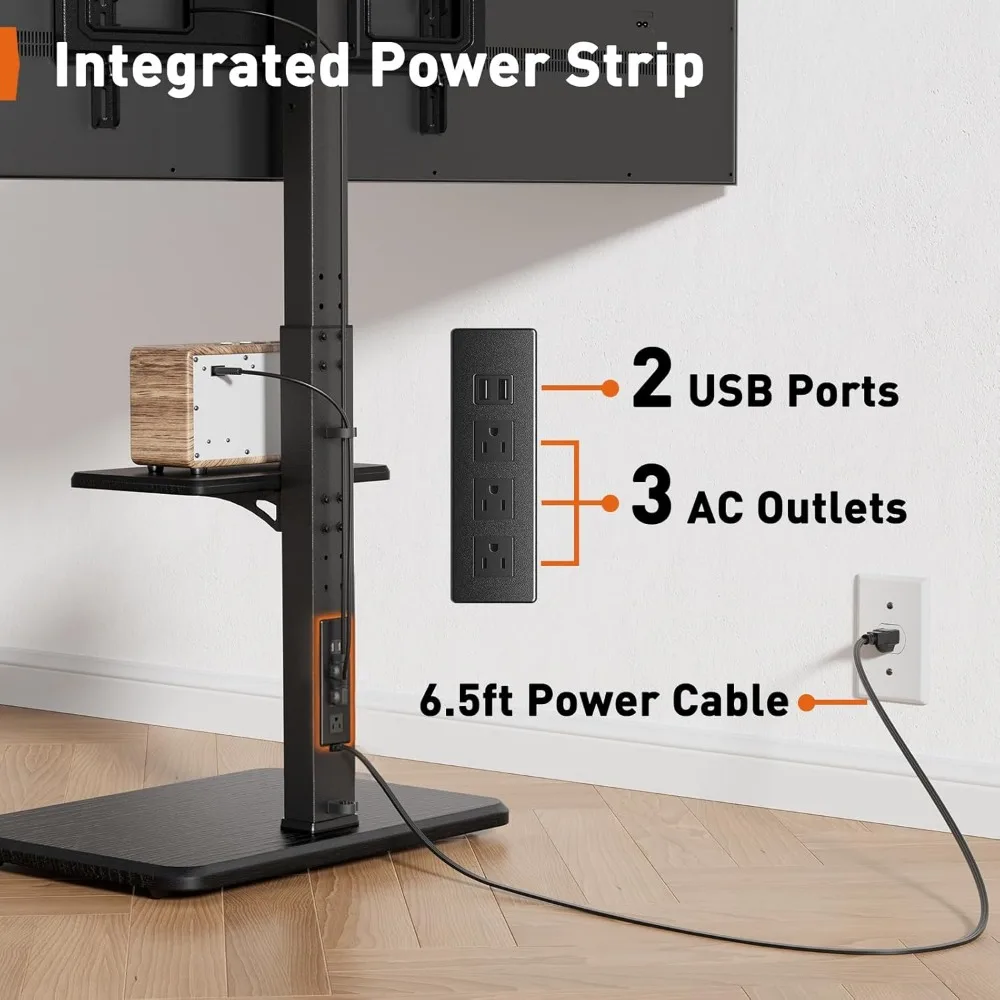 Floor TV Stand with Power Outlet, Universal TV Stand for 32-75 inch TVs up to 110 lbs, Height Adjustable TV Stand with Swivel