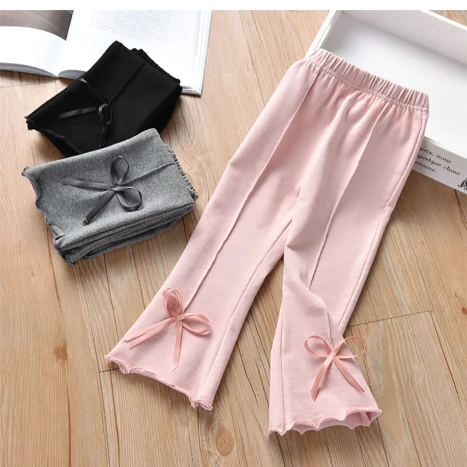 Spring-Autumn Collection Girls Casual Long Pants with Flared Bowknot Hem Children School Clothes for Stylish and Comfortable Fit