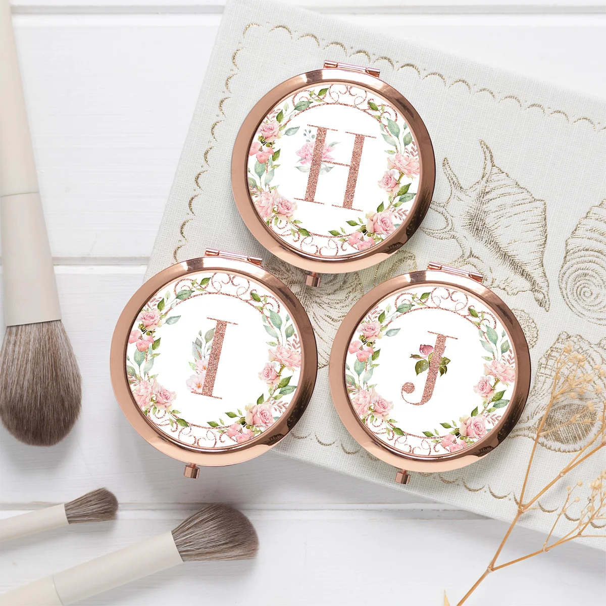 Personalized Initial Makeup Mirror Rose Gold Double sided Folding Portable Pocket Mirror Travel Makeup Mirror