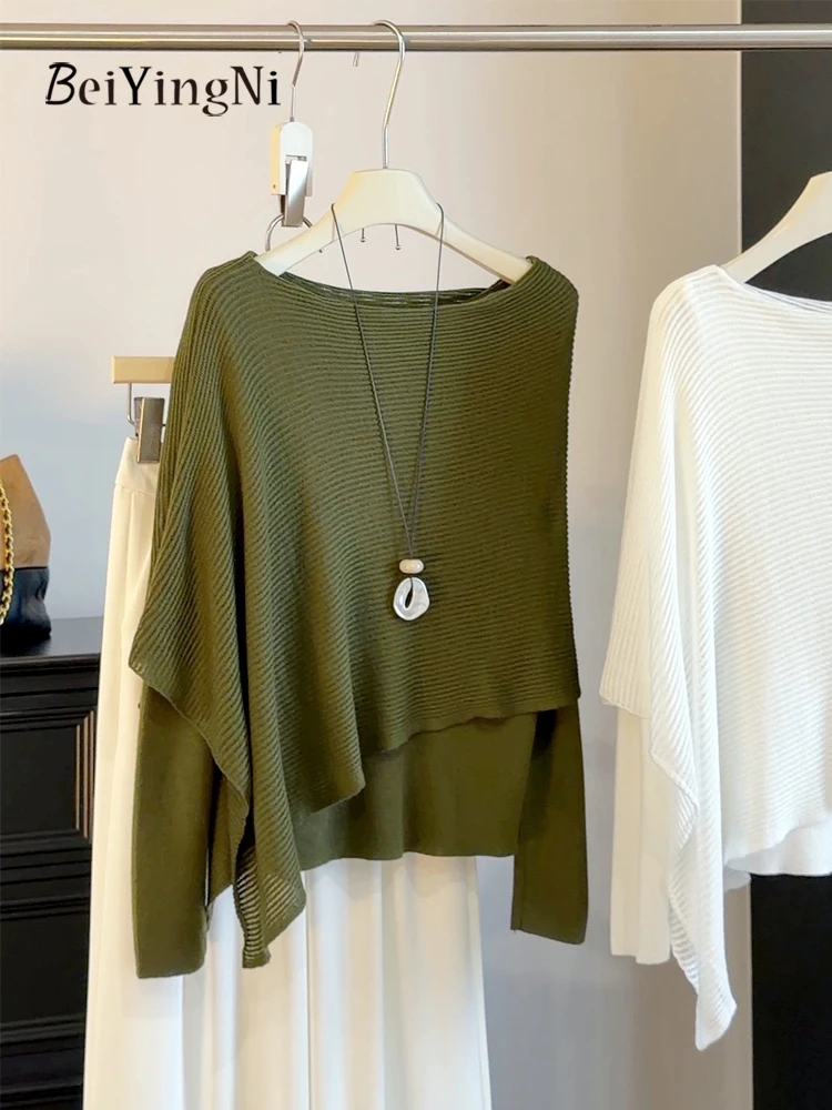 Beiyingni Elegant Two Fake Pieces Sweater Women Solid Color French Shawl Style Pullover Ladies 2026 Autumn Knitwear Brown OL Top