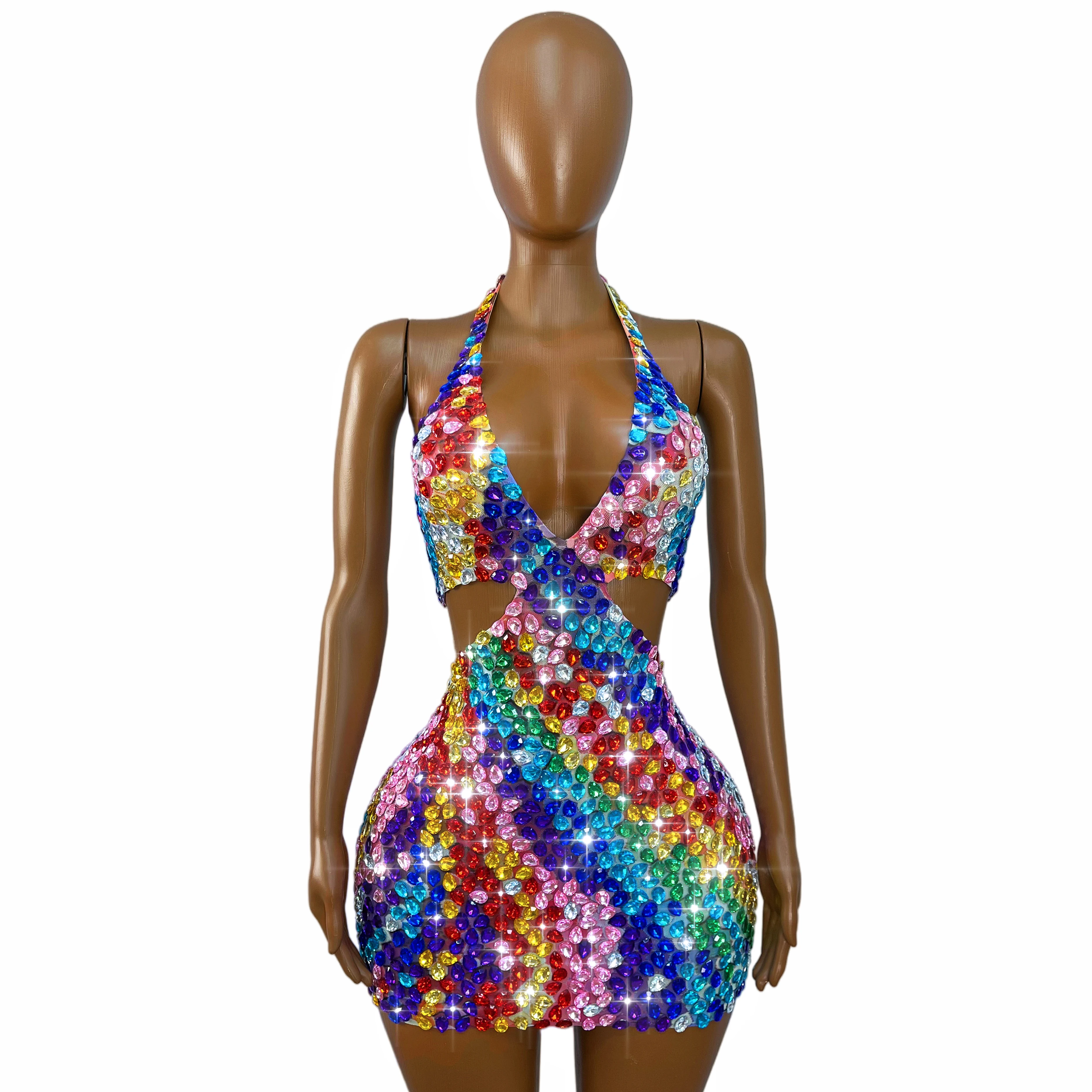 Women Evening Party Exquisite Gown Red Carpet Show Stage Outfit Fashion Sparkly Colorful Rhinestones Halterneck Sexy Mesh Dress view 4
