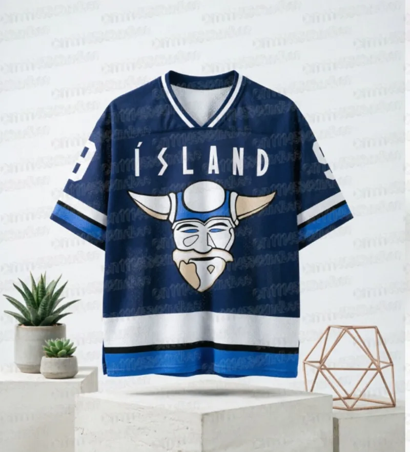 2026 New Iceland Viking Ice Hockey Jersey Navy Blue Mesh V Neck ISLAND Print Family Clothing T-shirts Quick Drying Casual Y2k