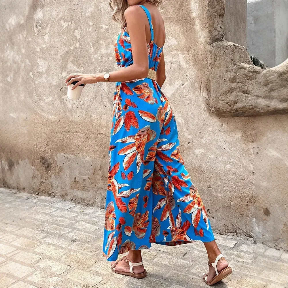 Novedad de verano para mujer, pelele con estampado Floral que se pega a la cintura, vestido sin mangas con cinturón, diseño todo en uno cómodo y a la moda