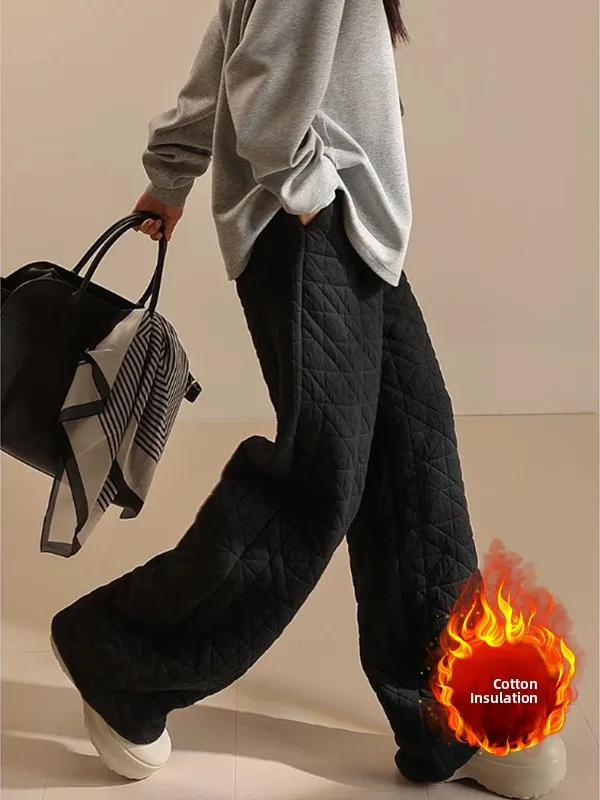 

Loose Straight Leg Wide Leg Pants Cotton Quilted Outerwear Warm Winter Autumn Women's plus Size Rhombus Pattern Trousers