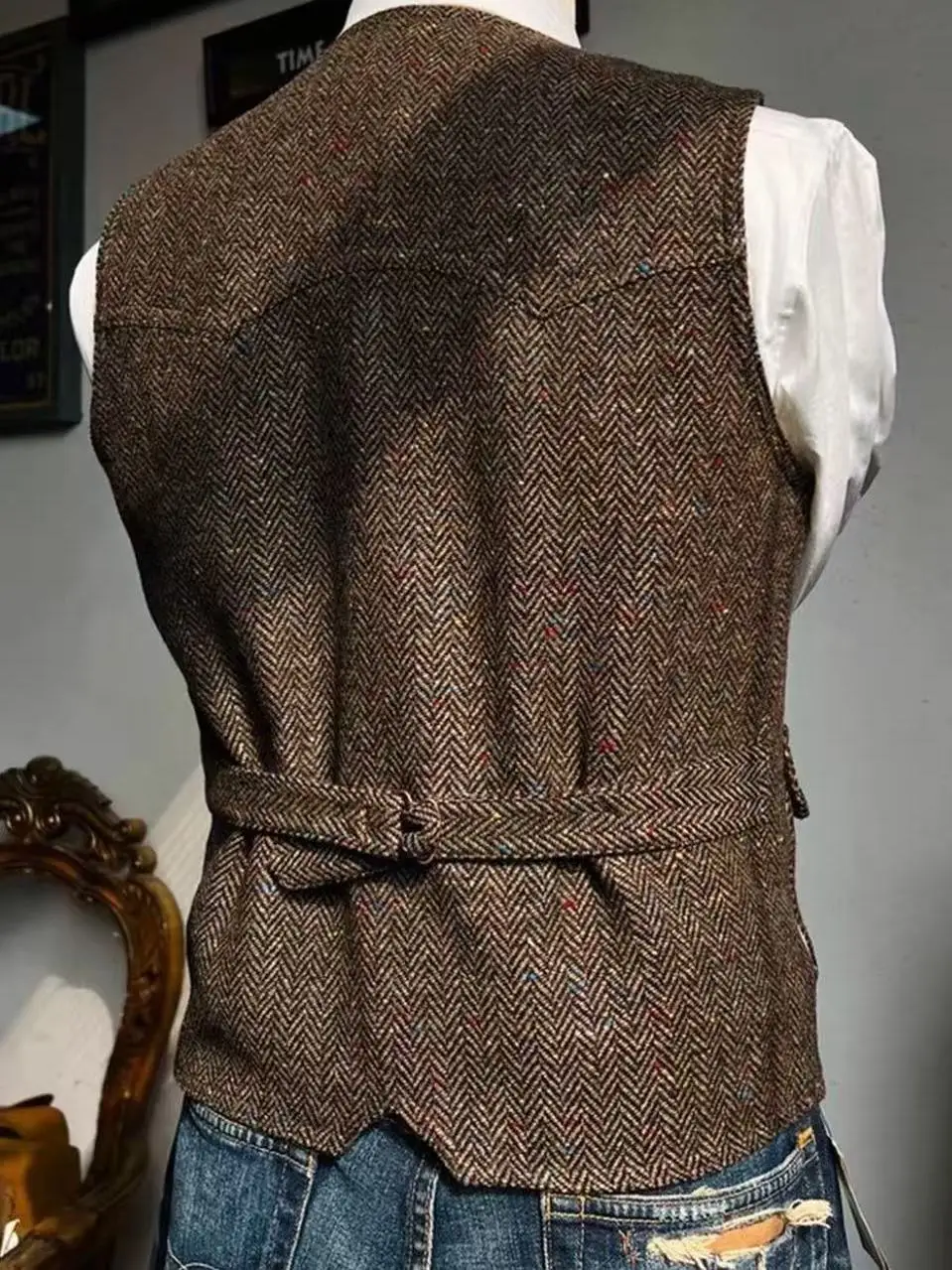 American Retro Large Size Workwear Vest Woolen Tweed Hunting Jacket V-Neck Men's  Dot Pattern Business Casual
