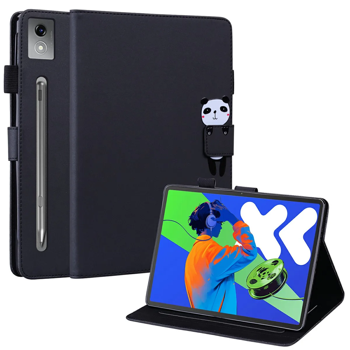 

For Lenovo Xiaoxin Pad Pro 12.7 (2025) Case Tablet Stand Leather Cover Card Slots Animal Pattern - Black