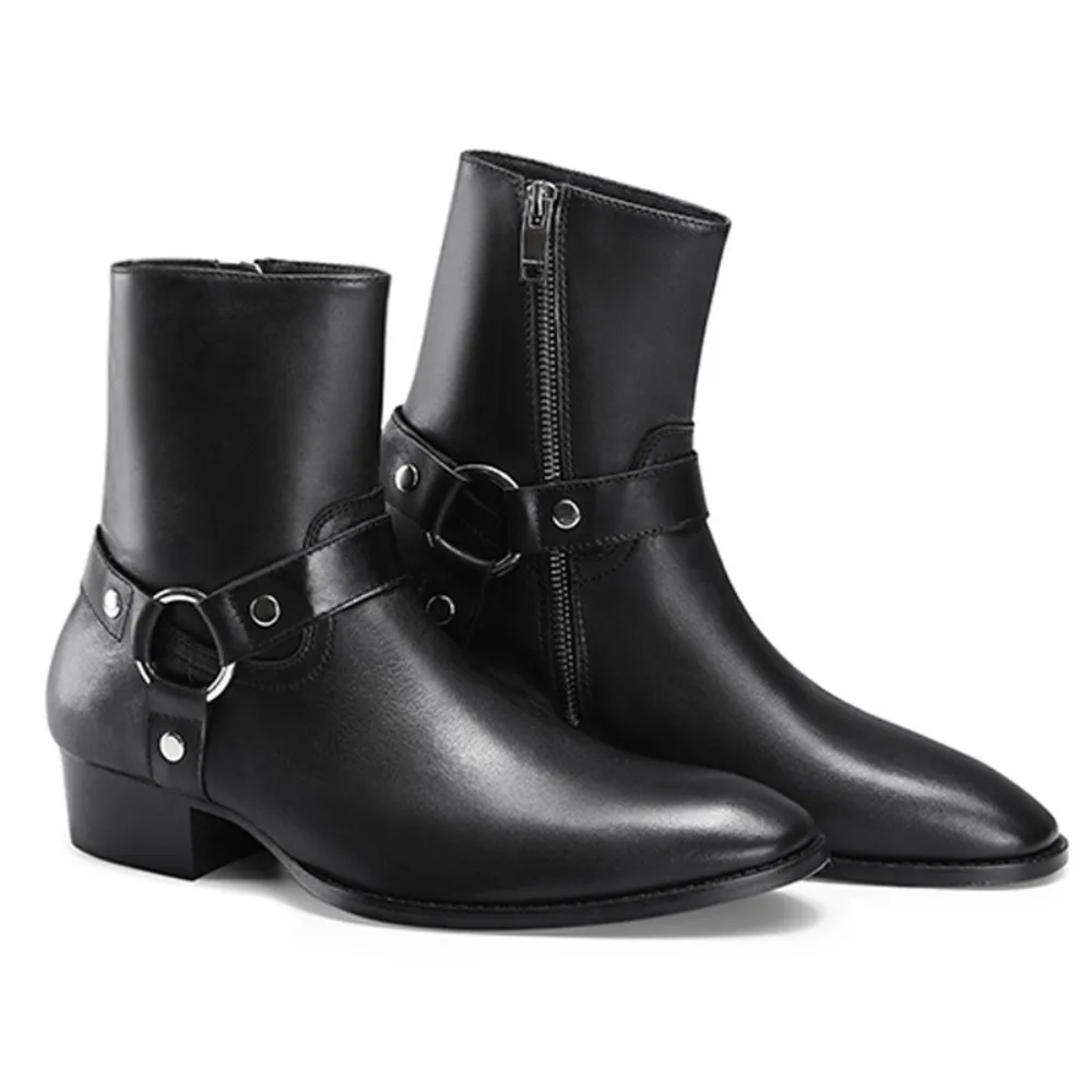 

New Chelsea Boots Men Shoes Pointed Toe Leather Fashion 5cm High Heel Men's Shoes Punk Style Party Wear Classic Ankle Boots